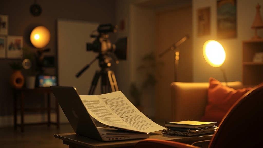 A cozy workspace with a laptop, scripts, and video production equipment.