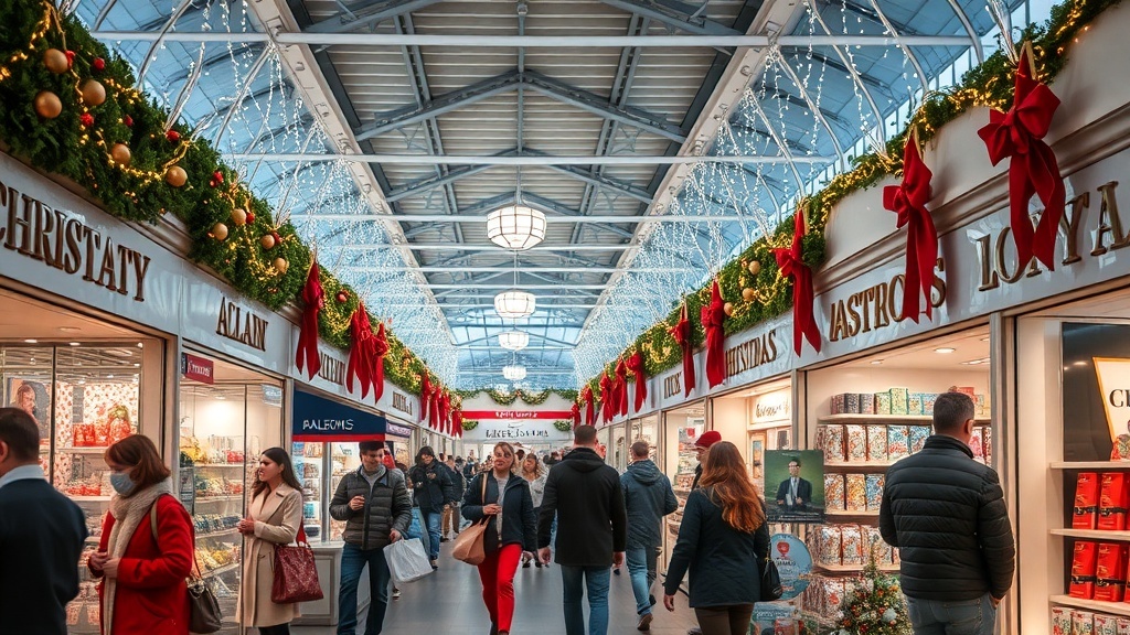 A busy shopping area decorated for the holidays with shoppers browsing stores.