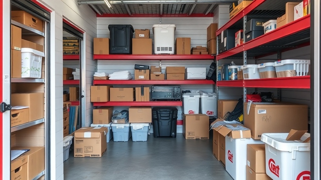 Interior of a self-storage unit filled with boxes and containers