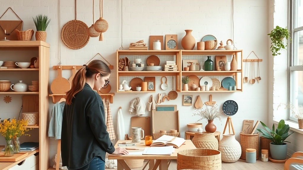 A cozy workspace filled with handmade goods, showcasing pottery, woven baskets, and creative decor.