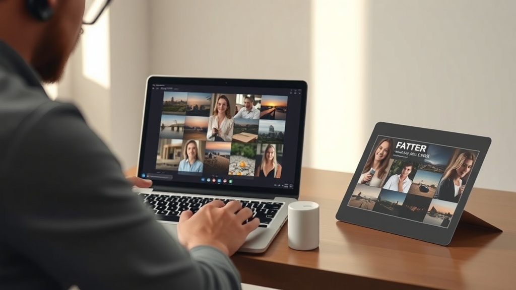 A person reviewing stock photos on a laptop, with a tablet displaying a photo collage.
