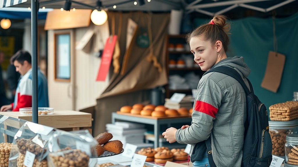 A teenager at a market stall, smiling while looking at baked goods.