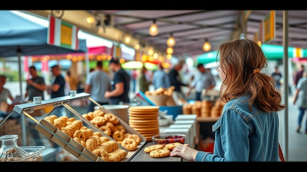 A young girl looking at baked goods at a local market, surrounded by colorful stalls and people.