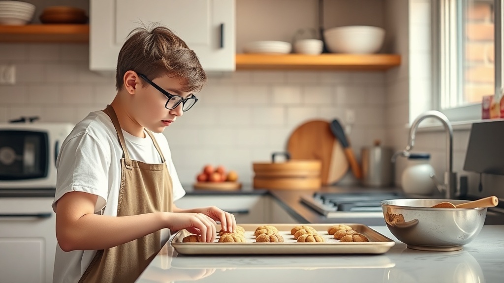 A young person baking cookies in a kitchen, showcasing the process of making baked goods.