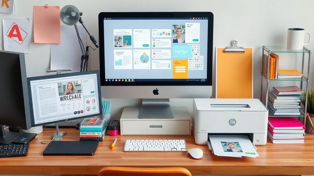 A workspace with two computer monitors displaying colorful printable designs, a printer, and organized stationery.