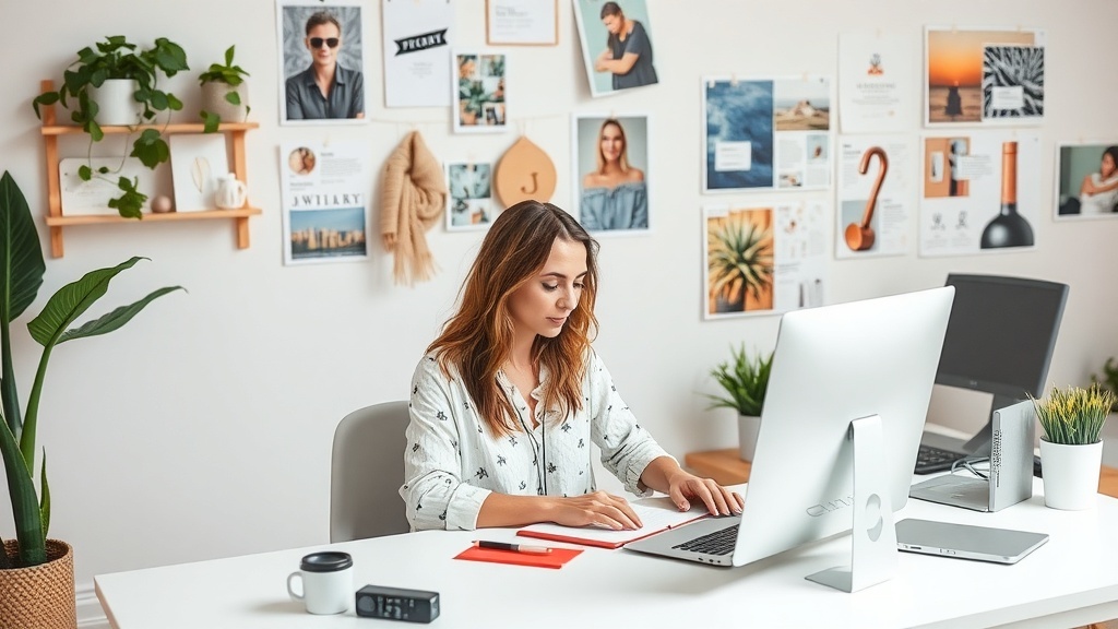 A woman working at a desk with a computer, surrounded by inspirational images on the wall.