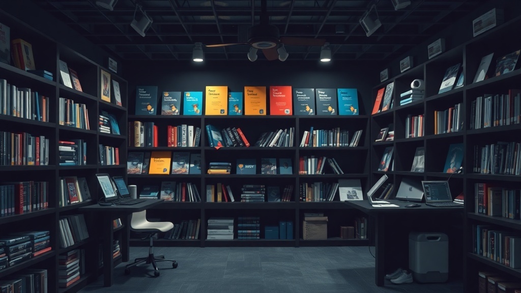 A cozy workspace with bookshelves filled with books and computers, representing a creative environment for selling digital products.