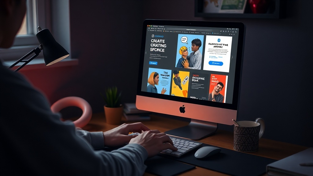 A person working on a computer, creating digital products, with a cozy workspace