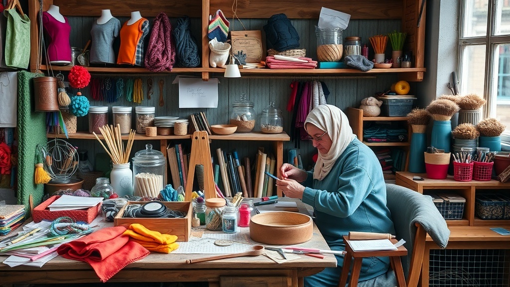 A cozy crafting workspace filled with colorful materials and tools, showcasing the process of making handmade crafts.