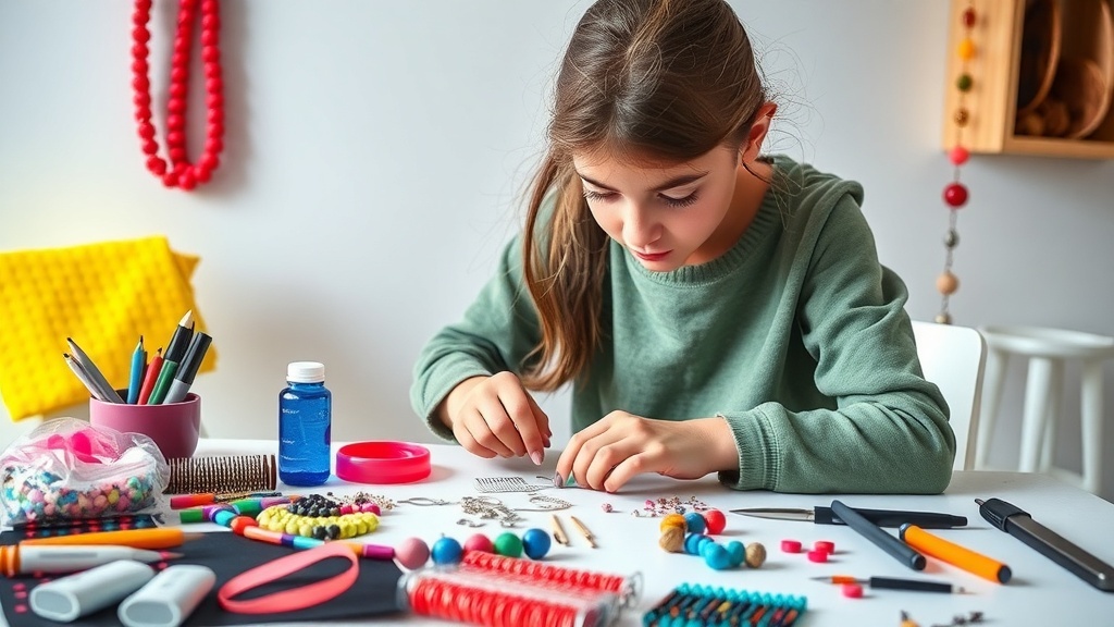 A young girl working on a craft project with various colorful supplies around her.