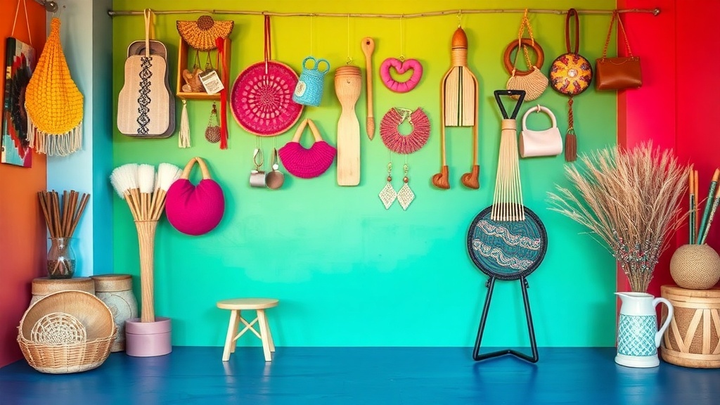 A colorful display of handmade crafts including woven baskets, wall hangings, and decorative items.