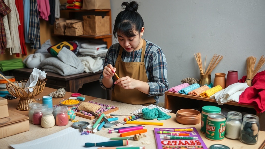 A person working on handmade crafts at a table filled with colorful materials and tools.