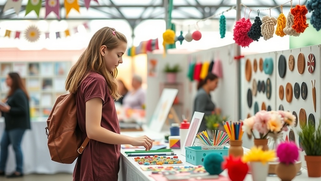A young girl at a craft fair, looking at colorful handmade items.