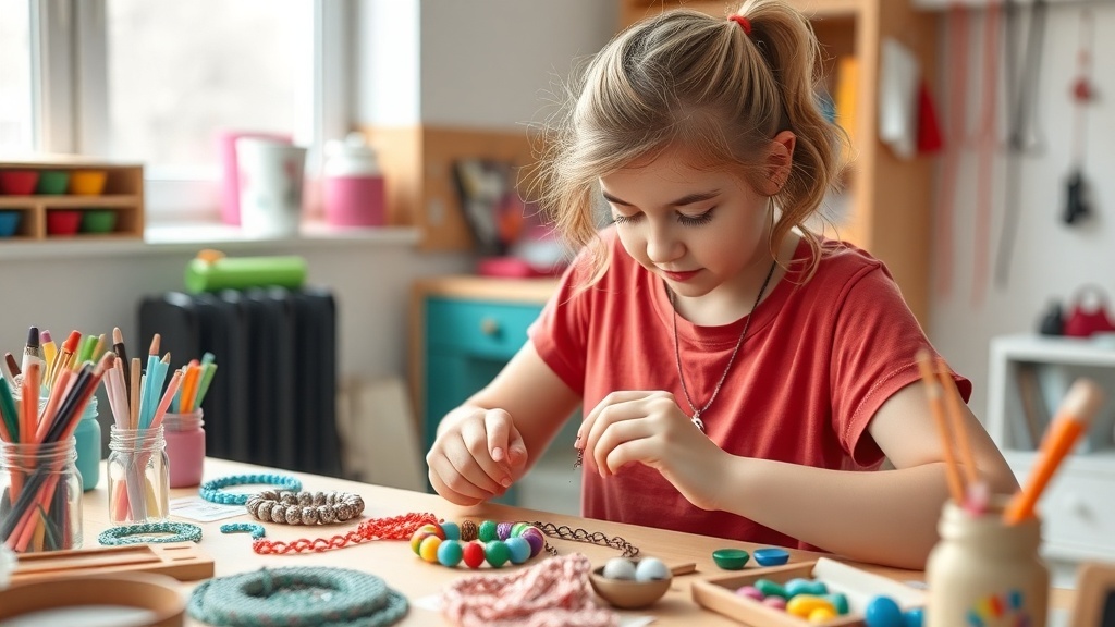 A young girl making crafts at a table filled with colorful supplies.
