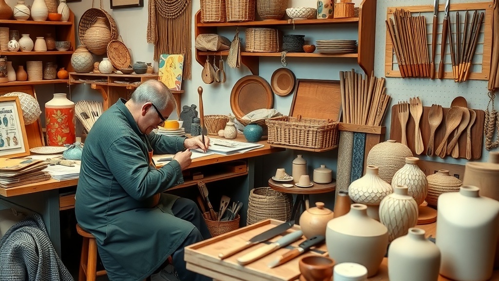 An artisan working in a cozy craft space filled with handmade items and tools.
