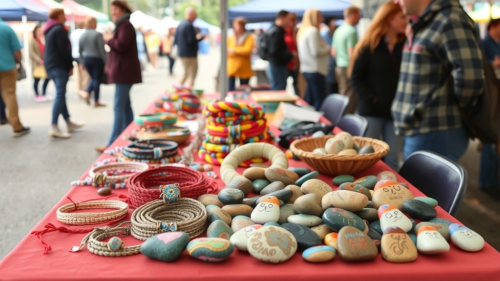 A table displaying various handmade crafts, including bracelets, painted rocks, and woven items, with people browsing in the background.
