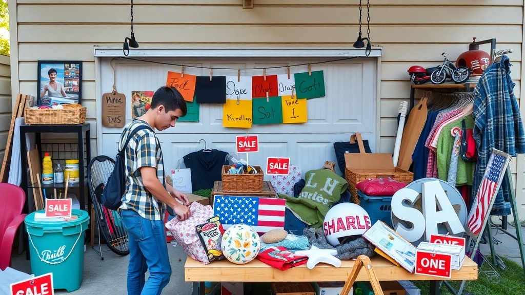 A young person organizing items for a garage sale, with various goods displayed on a table.