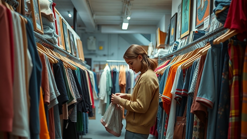 A young person looking at vintage clothing in a store.