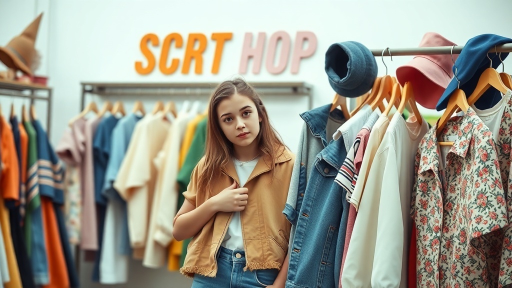 A young person in a vintage clothing shop surrounded by colorful clothing items.