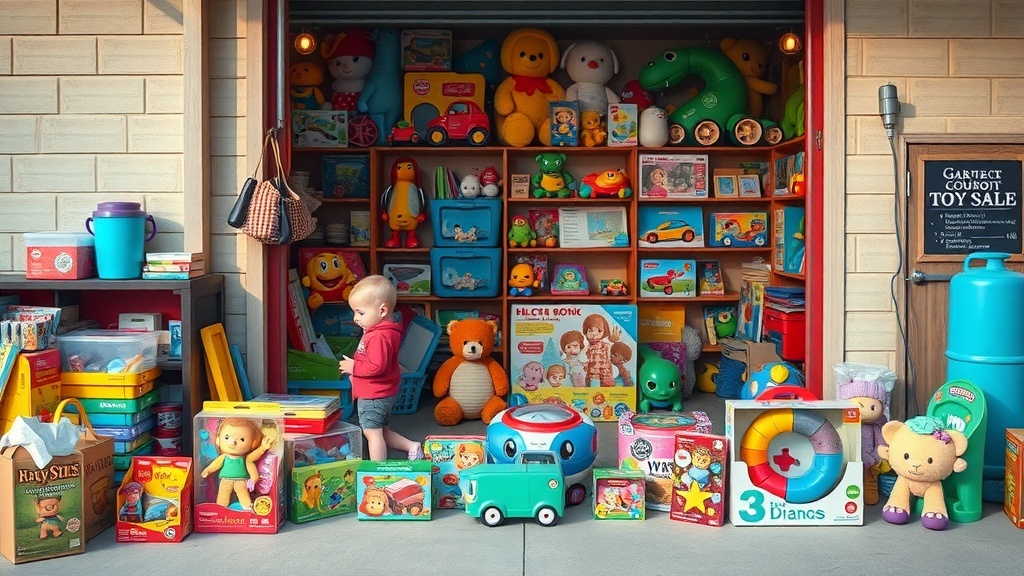 A child exploring a colorful display of vintage and unused toys for sale.