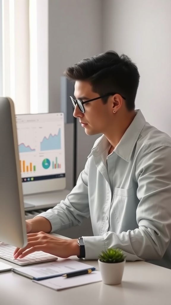 A person working at a computer with graphs and charts on the screen.