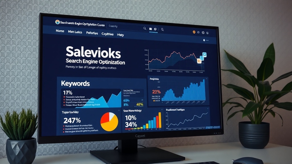 A computer screen displaying a dashboard for search engine optimization with various metrics and graphs.