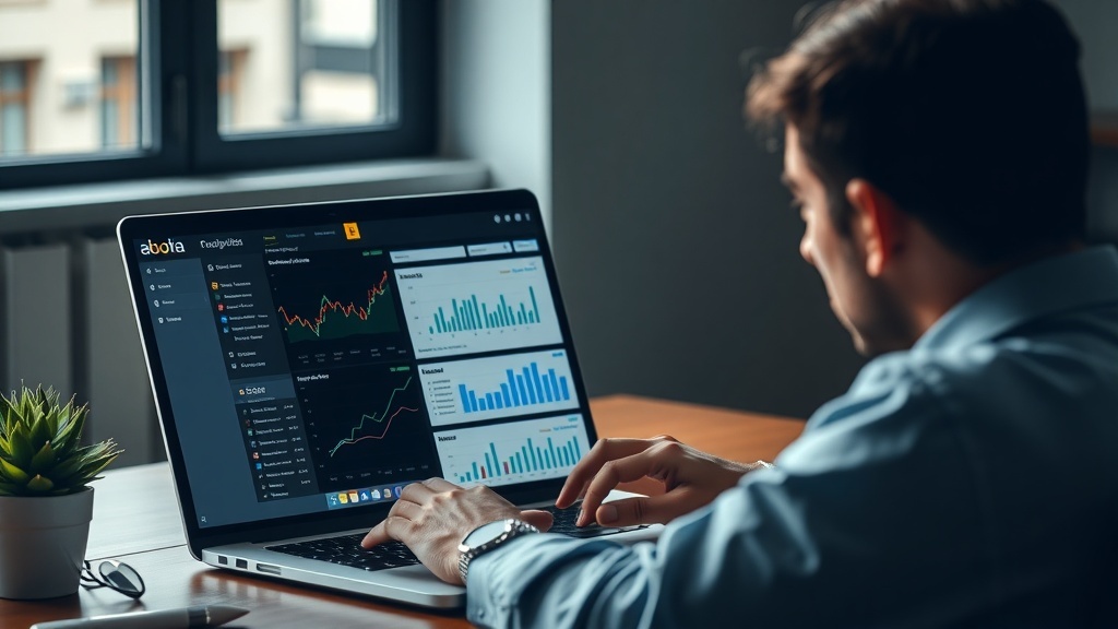 A person analyzing SEO data on a laptop with graphs and metrics displayed