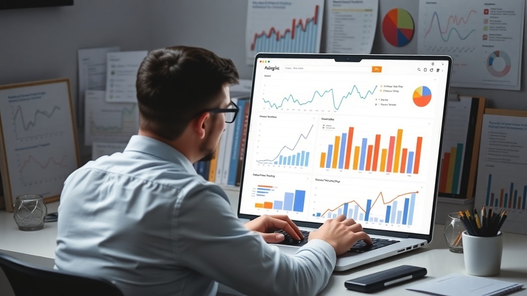 A person analyzing SEO data on a laptop with various charts and graphs in the background.