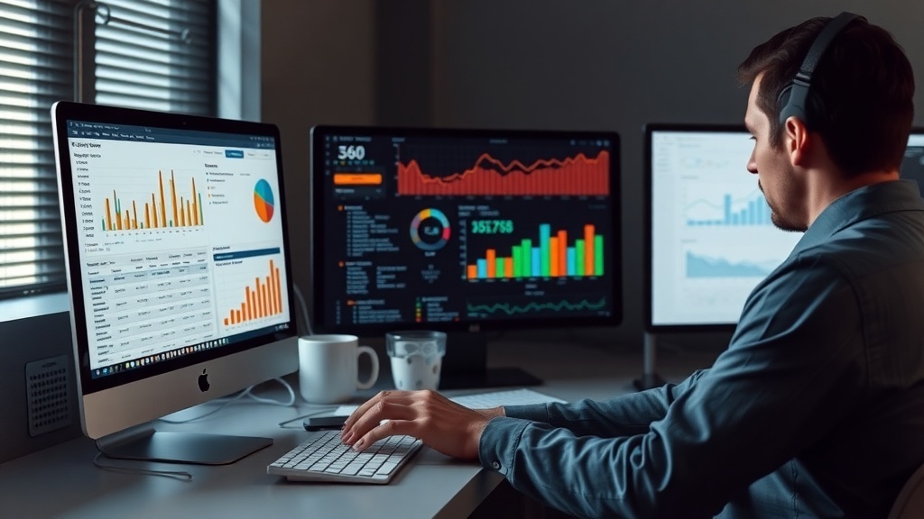 A person working on multiple computer screens displaying data analytics and SEO metrics.