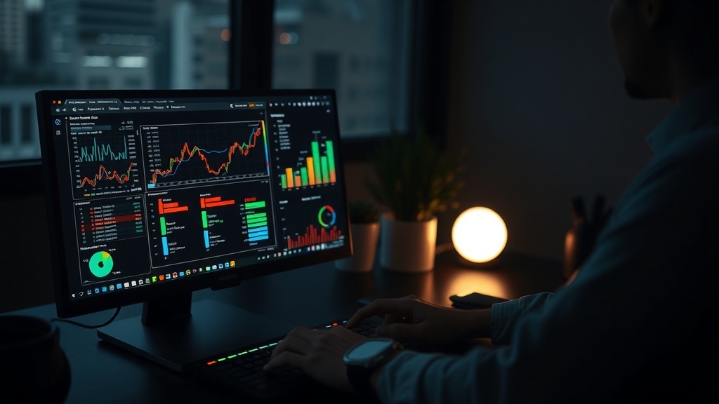 A person analyzing SEO data on a computer screen with colorful graphs and charts.