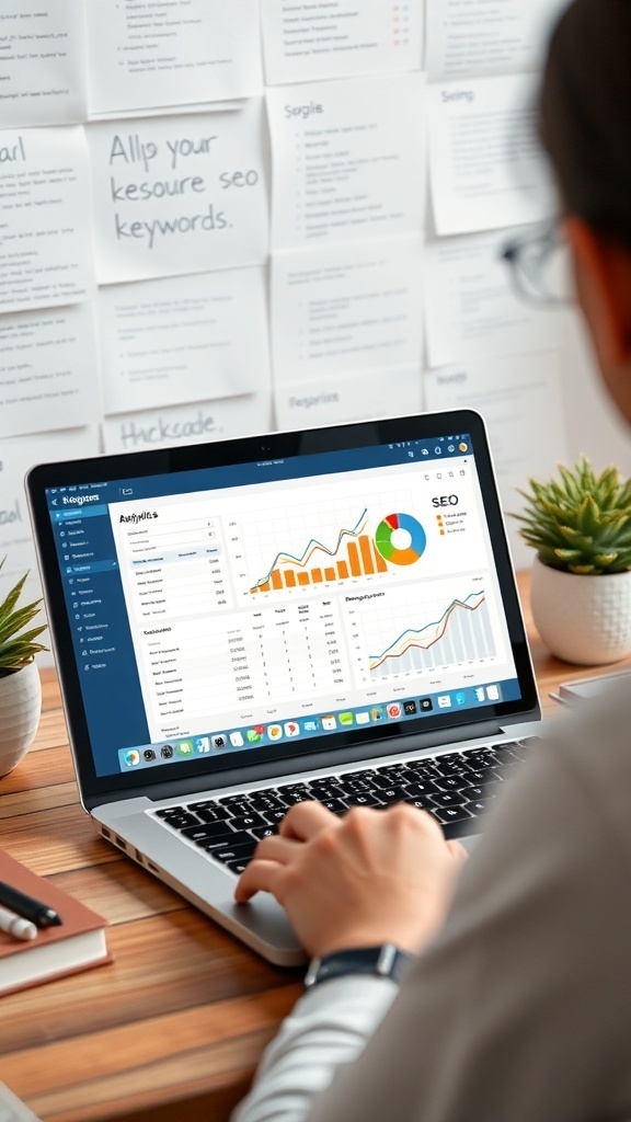 A person working on a laptop with SEO analytics displayed on the screen, surrounded by plants and notes.