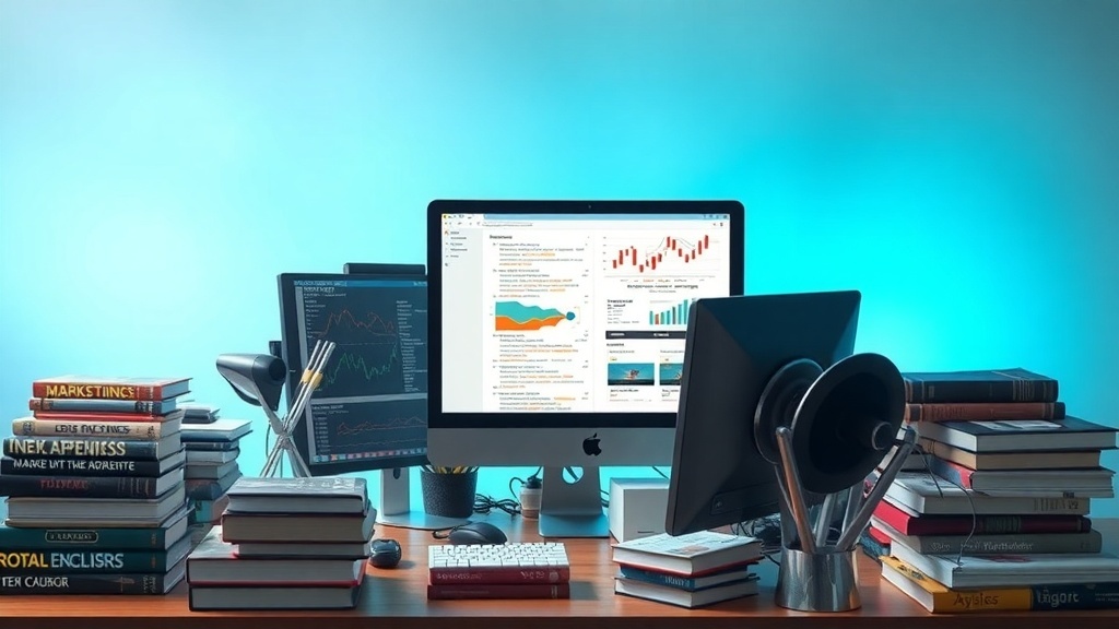 A workspace with multiple monitors, books, and data analytics related to SEO tasks.