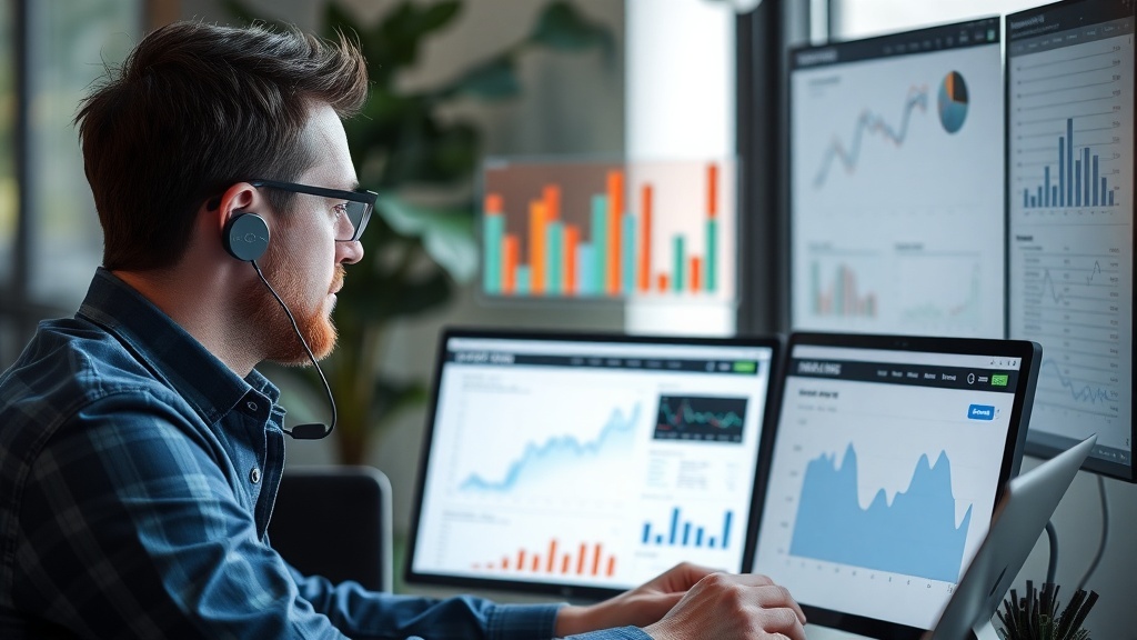 A focused individual working on multiple computer screens displaying SEO analytics and graphs.