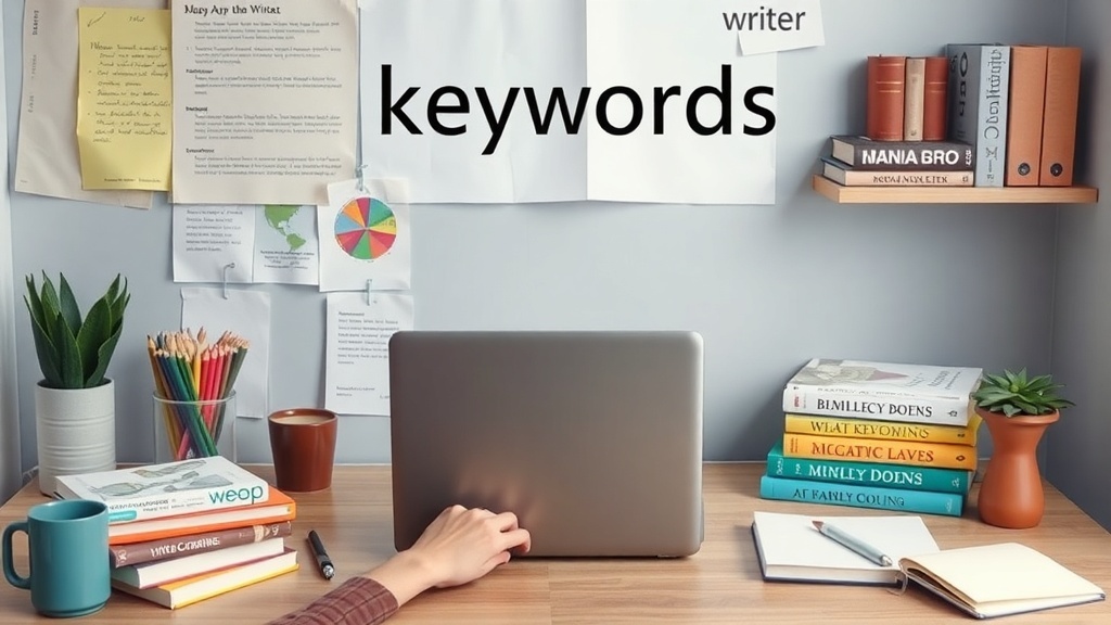 A cozy workspace with a laptop, colorful stationery, and books, emphasizing SEO writing.