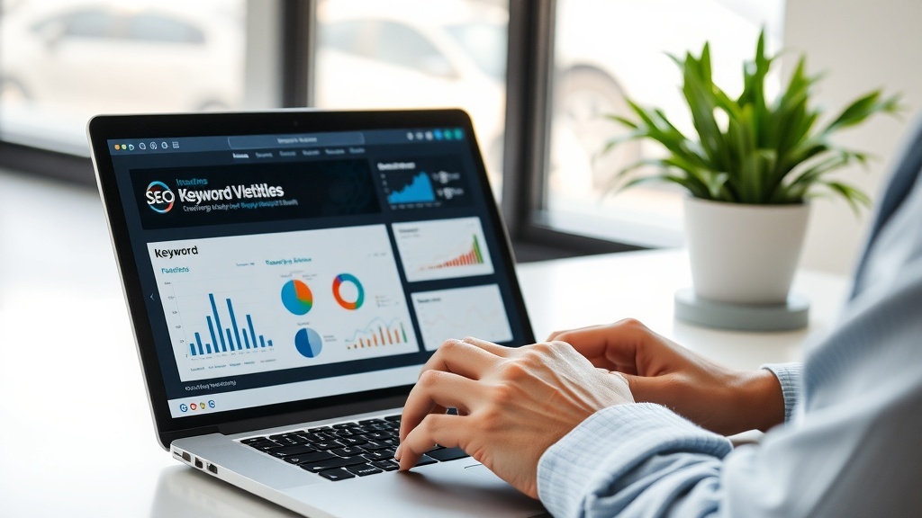A person analyzing SEO data on a laptop with graphs and charts