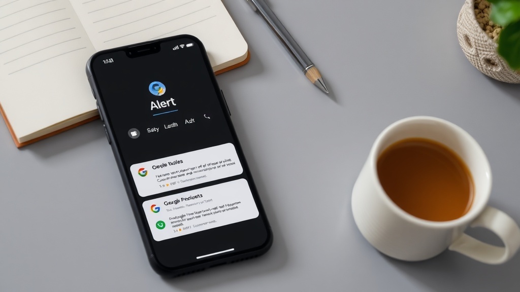 A smartphone displaying job alerts with a cup of coffee and a notebook on a table.