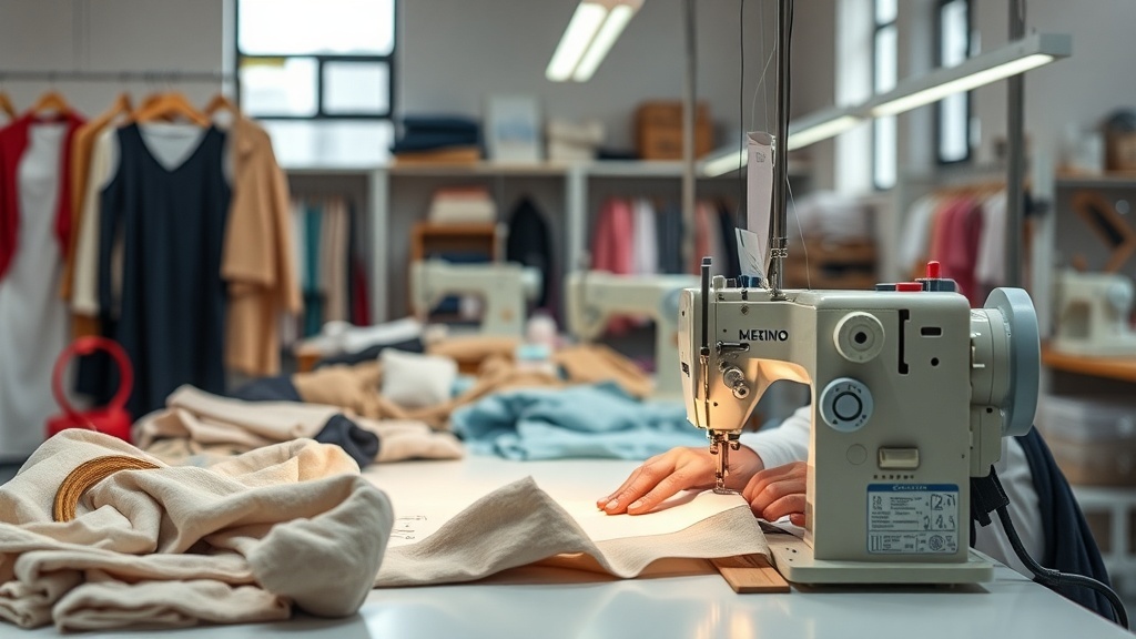 A sewing machine operator working with fabric in a calm sewing studio.