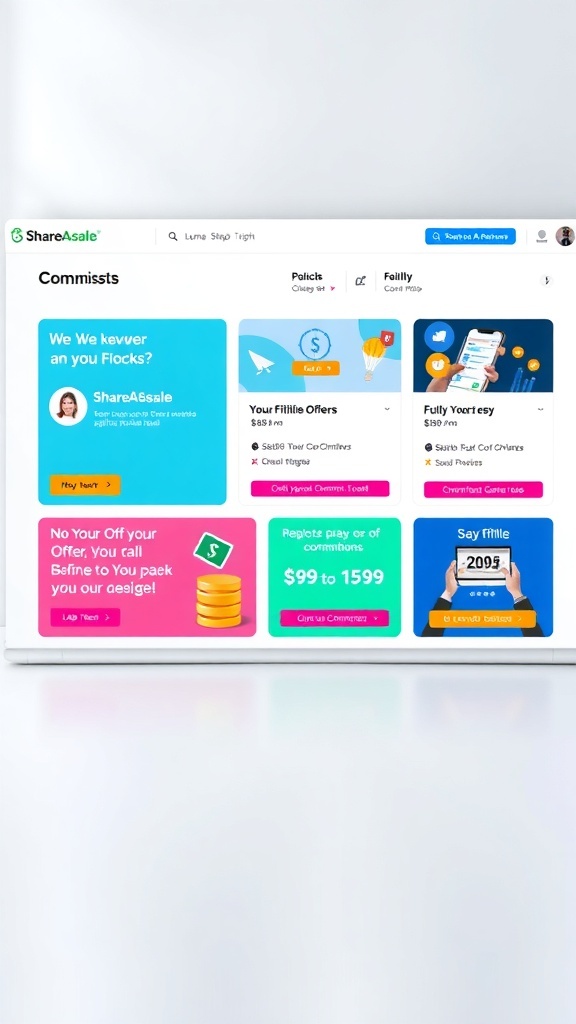 Screenshot of ShareASale Affiliate Network dashboard showing various offers and earnings.