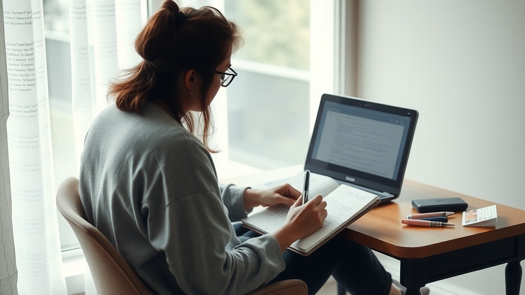 A person writing in a notebook at a desk with a laptop, pens, and a phone.