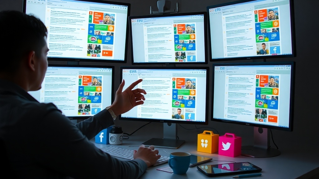 A person working at multiple monitors, managing social media platforms.