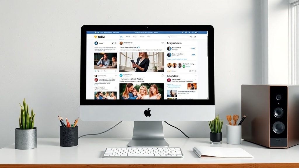 A computer displaying a social media feed, with a clean workspace featuring plants and stationery.