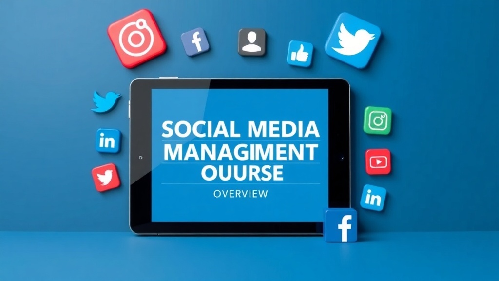 Tablet displaying 'Social Media Management Course Overview' surrounded by social media icons.