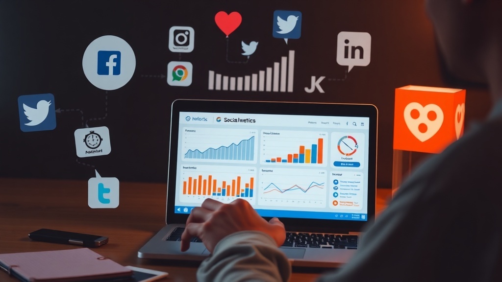 A person analyzing social media metrics on a laptop with various social media icons around.