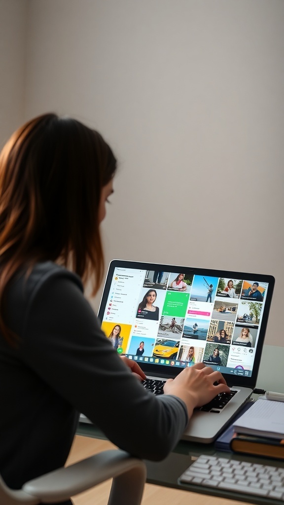 A person working on social media management on a laptop.