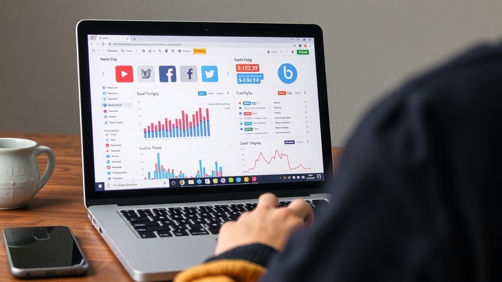 A person managing social media analytics on a laptop, with graphs and social media icons visible.