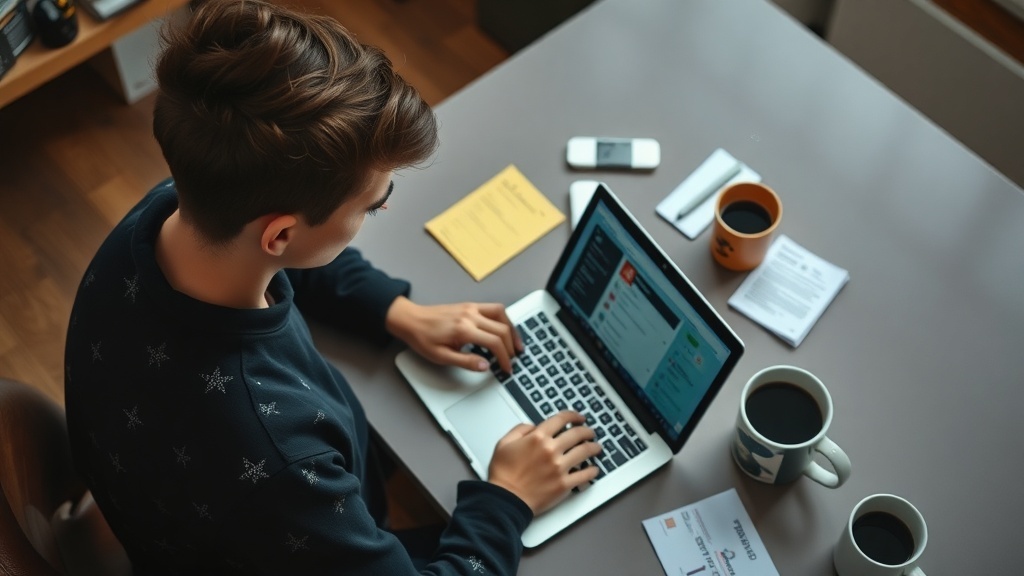 A teenager working on a laptop, managing social media accounts with coffee cups around.