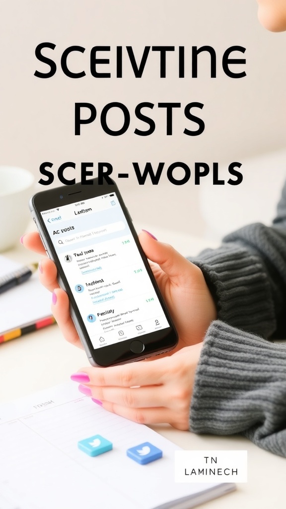 A person holding a smartphone displaying social media posts with a planner and social media icons in the background.