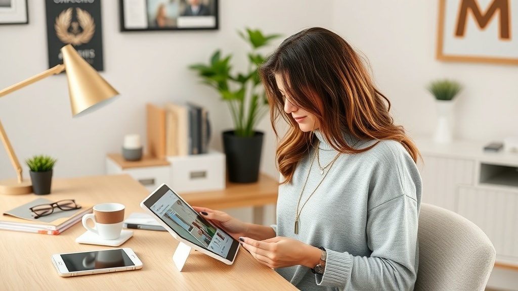 A woman working on a tablet in a stylish home office, showcasing social media management.