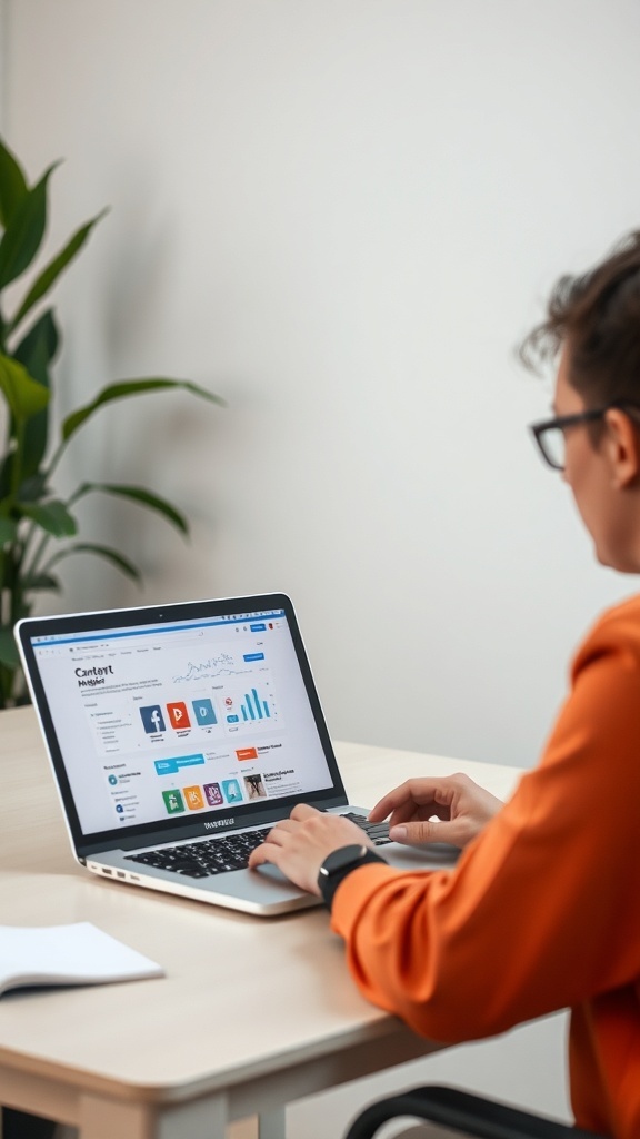A person working on a laptop, managing social media content.
