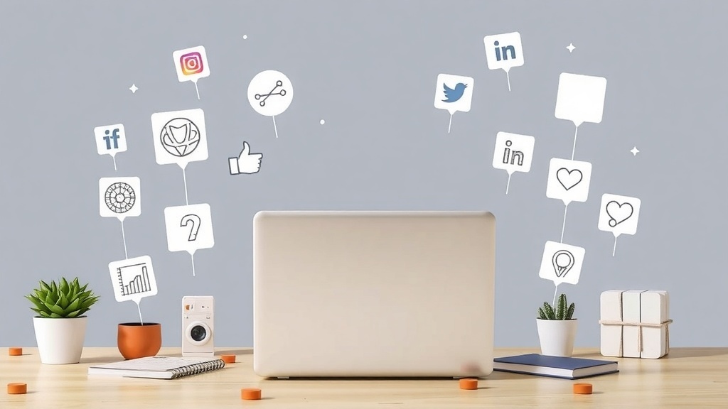A workspace featuring a laptop and various social media icons, representing social media management.